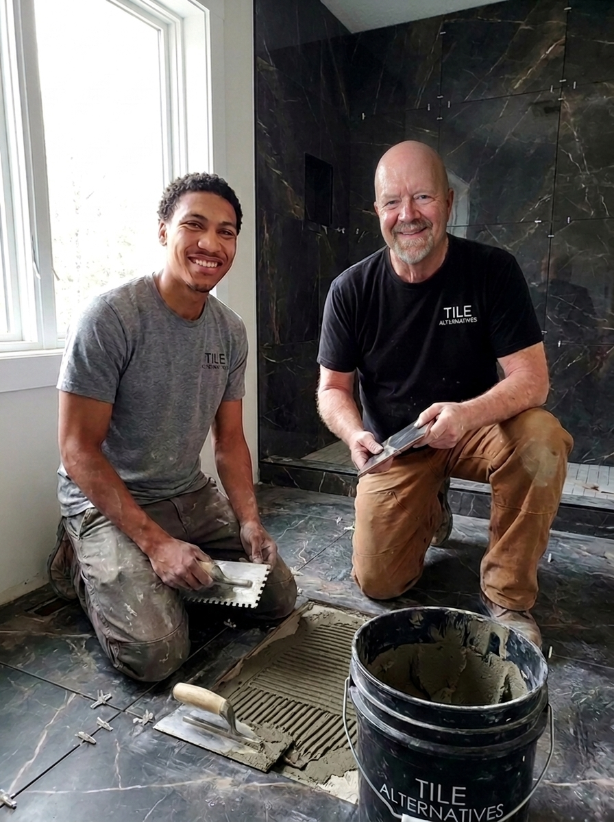 Dave Larson and Collin, the craftsmen behind Tilealternatives, on the job