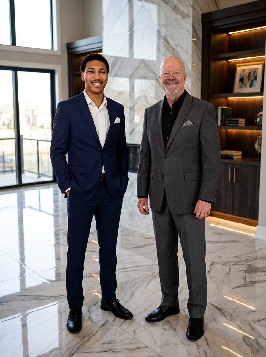 Dave Larson and Collin, owners of Tilealternatives, in a Twin Cities home